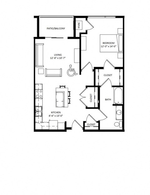 Floor plan for 1 bed, 1 bath, 795 sqft